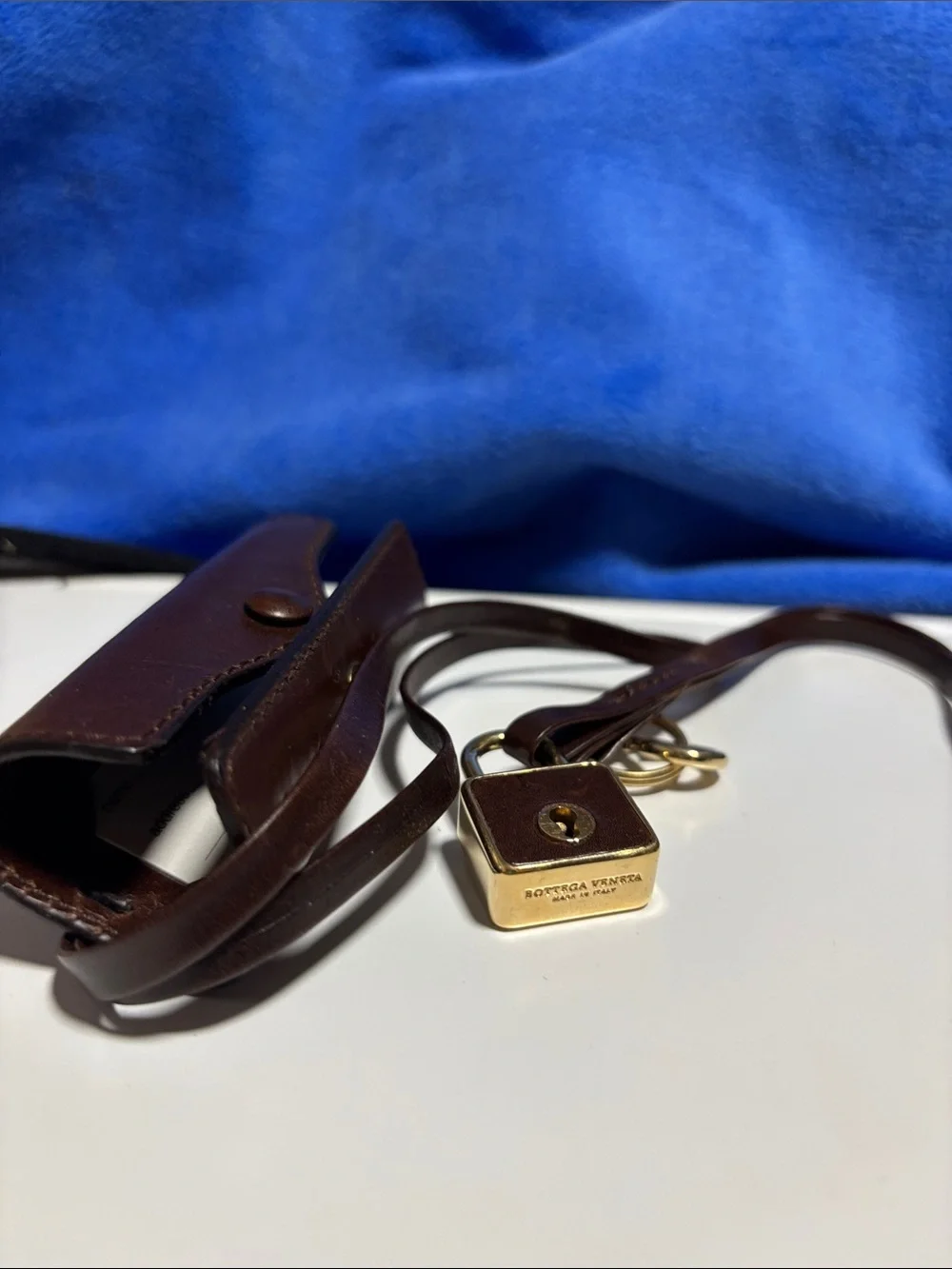 Bottega Veneta Brown Leather Key Pouch with Gold Padlock Charm